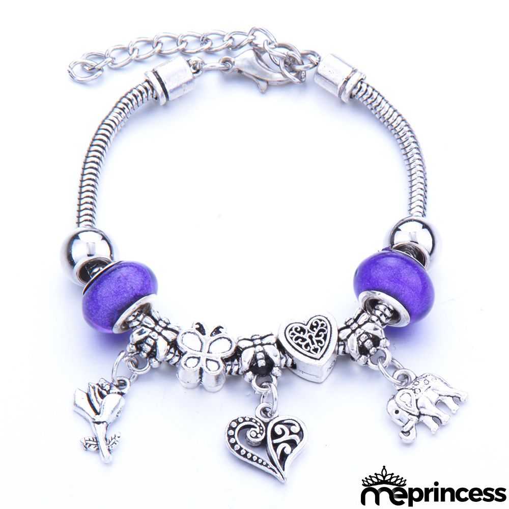 Women Fashion Rhinestone Butterfly Crown Pendant Beaded Bracelet
