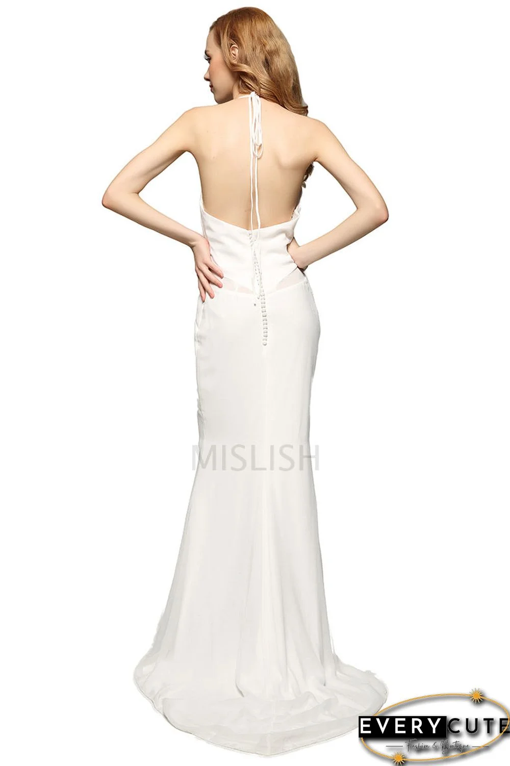 Rita Ora Inspired White Halter Evening Party Dress