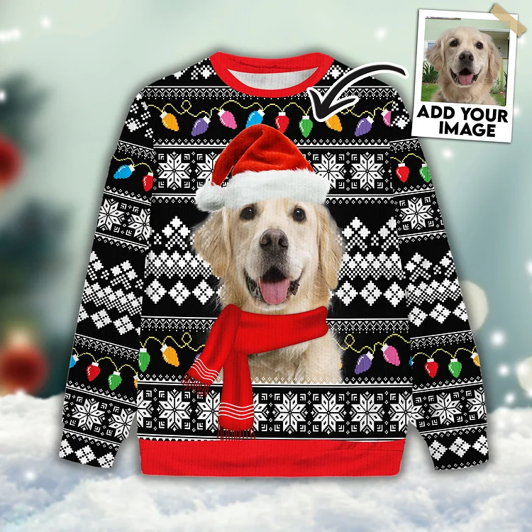 Custom Pet Unisex Sweater All Over Print Funny Christmas Light Pattern Black Color