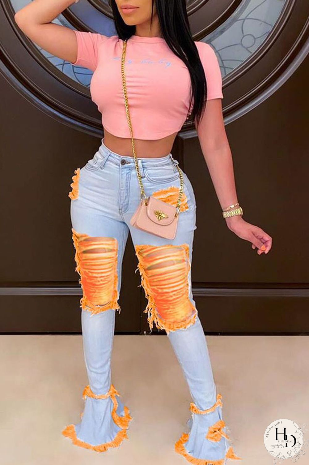 Dark Yellow Orange Light yellow Dark Yellow Light orange Denim Zipper Fly Mid Hole Boot Cut Pants Bottoms