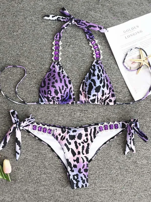 Leopard Print Gorgeous Embellished Knotted Split Bikini Swimsuit