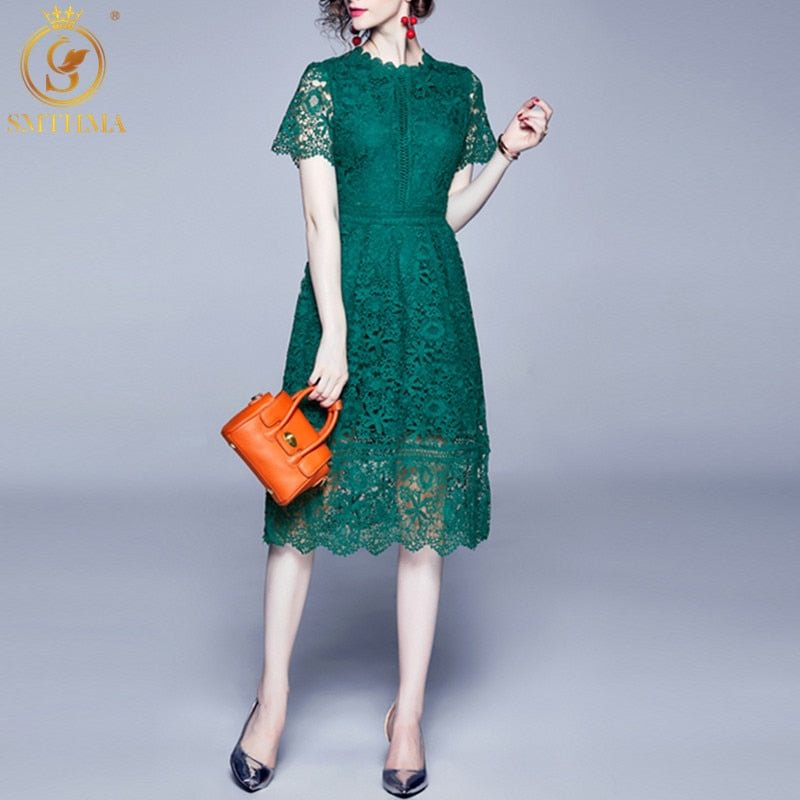 High Quality New Fashion Summer Short Sleeves Lace Lace Hollow Out Patchwork Dresses Women's Temperament Elegant Casual Vestidos