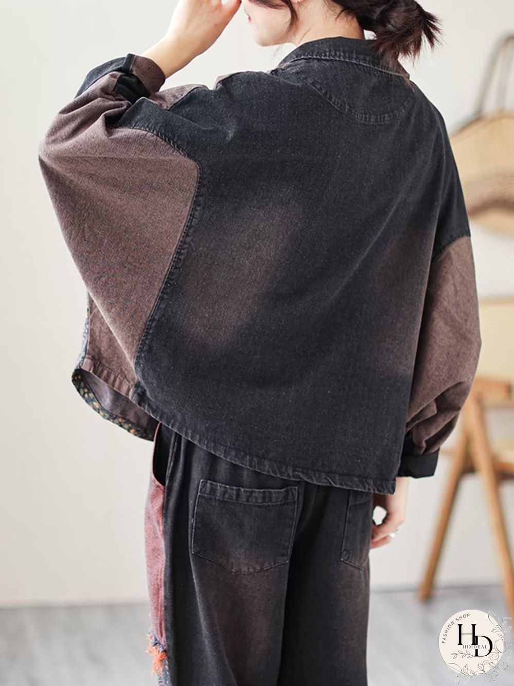 Contrast Color Fringed Split-Joint Long Sleeves Printed Outwear Harem Pants Two Pieces Set