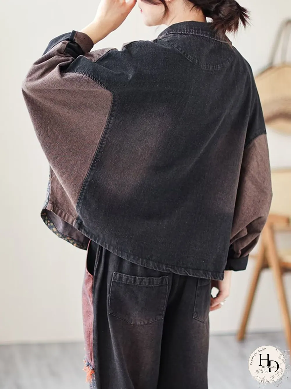 Contrast Color Fringed Split-Joint Long Sleeves Printed Outwear Harem Pants Two Pieces Set