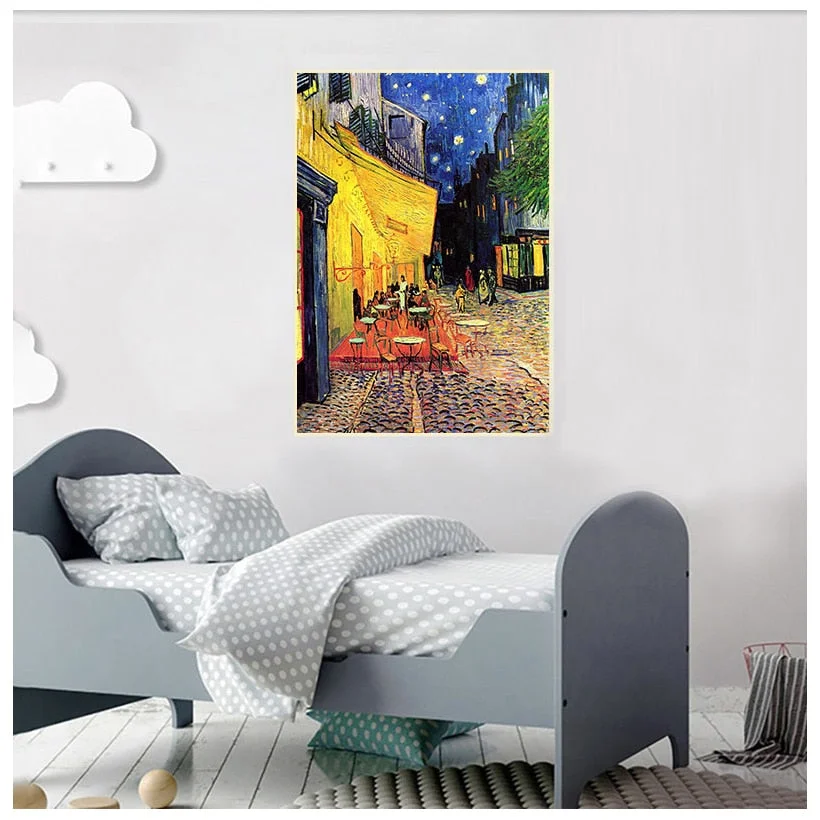 Van Gogh Famous Oil Painting Print Poster Cafe Terrace At Night Reproduction Canvas Wall Art Pictures for Living Room Decoration