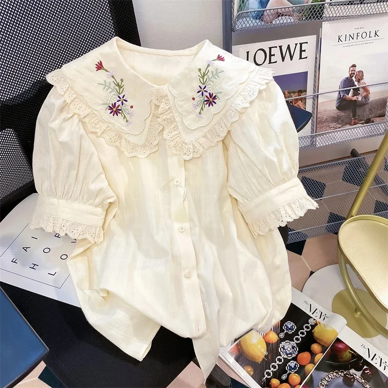 Mongw NEW Embroidery Hollowed-out Flower Shirt Blouse Women's Summer Loose Sweet Chic Bubble Sleeve Shirt Top