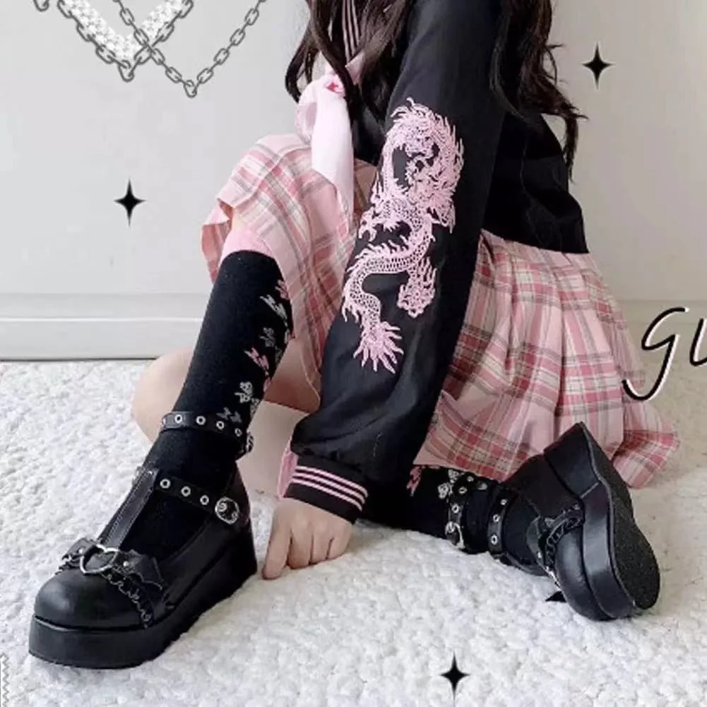 HOUZHOU Lolita Shoes Platform Goth Women Black Pink Leather Kawaii Wedges Chunky Harajuku 2022 Luxury Mary Jane