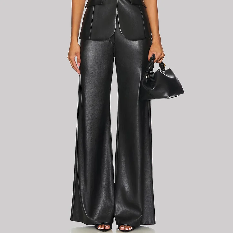 Fashion PU Leather Solid Wide Leg Pants