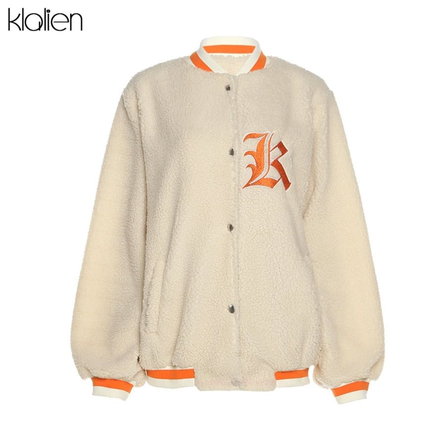 KLALIEN Fashion Casual Streetwear Autumn Thicken Lamb Wool Coat Women Print Letter College Office Lady Loose Jacket Outerwear