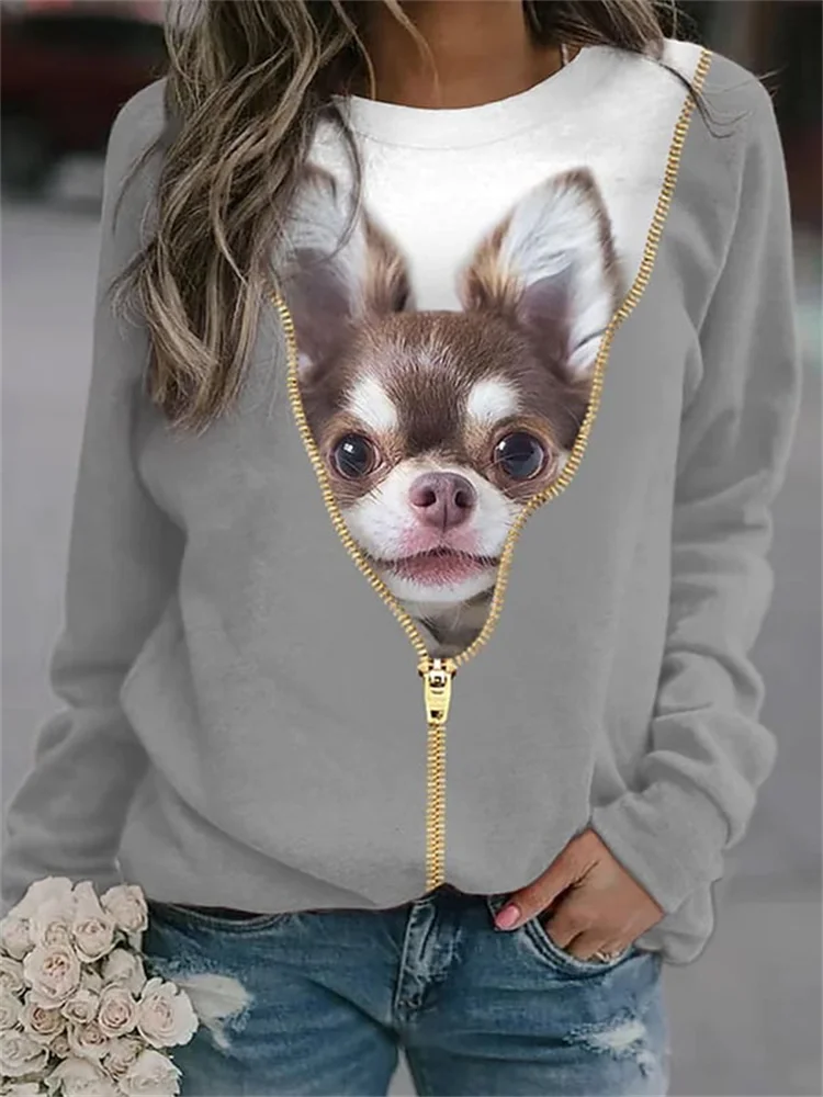 Cute Puppy Zipper 3D Print Colorblock Sweatshirt