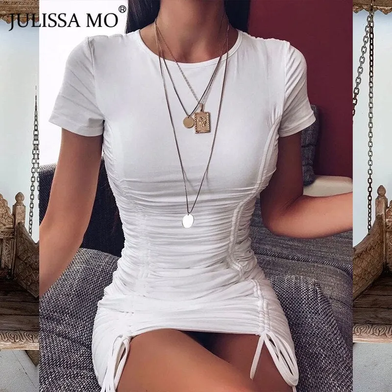 JULISSA MO White Drawstring Ruched Summer Dress Women Sexy Skinny Bodycon Bandage Dress New Casual Short Sleeve Mini Dresses