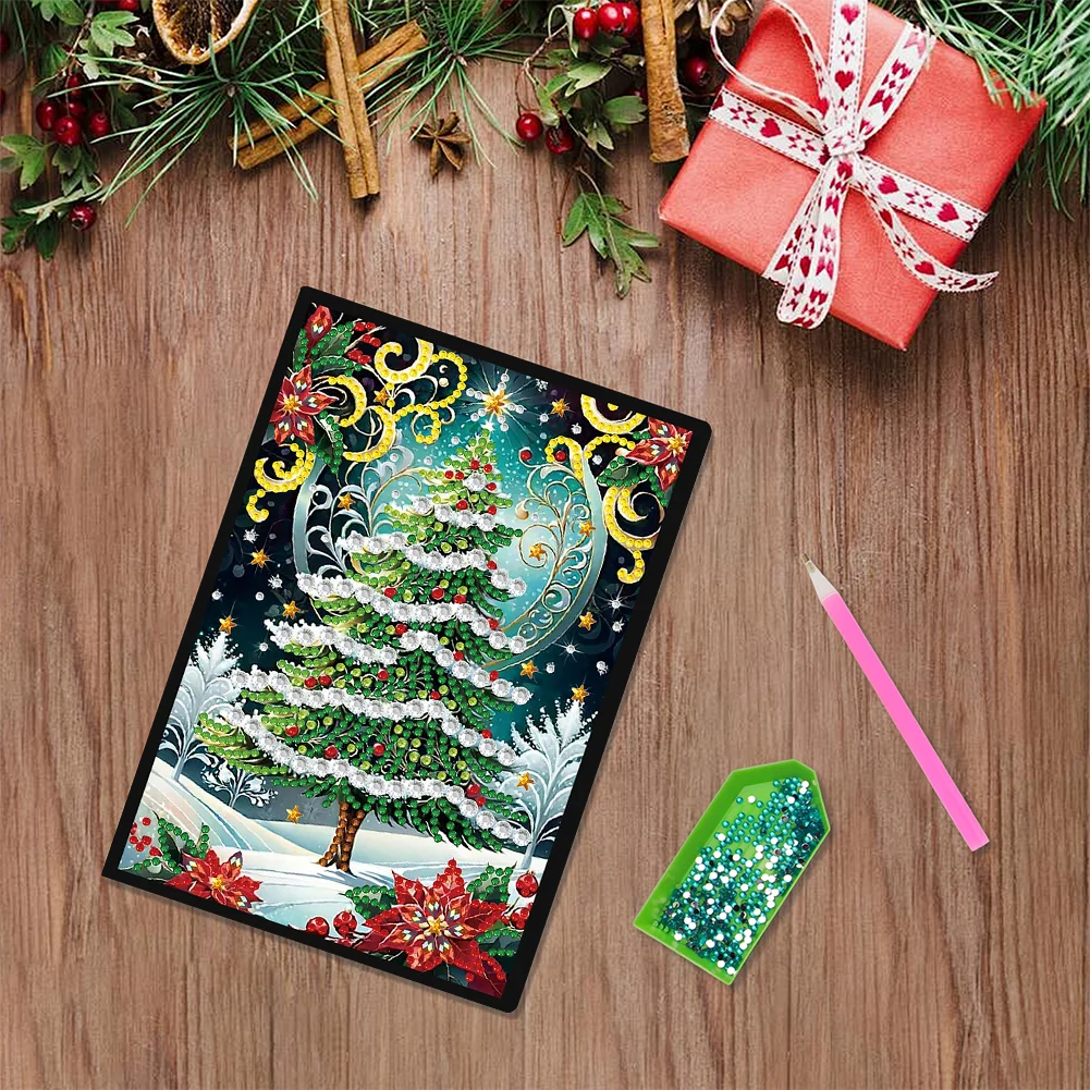 Christmas Tree A5 Size Diamond Painting Notebook Set with 4Pcs Bookmark Gift