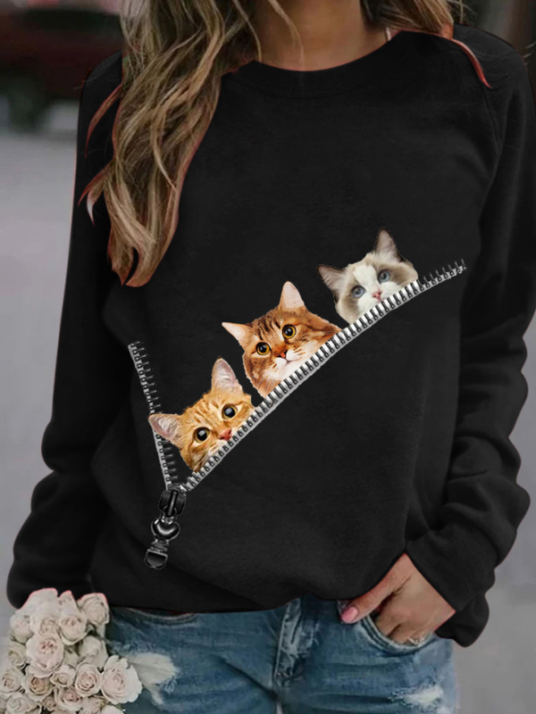 Women's Top Cute Cat Print Crew Neck Long Sleeve T-Shirt
