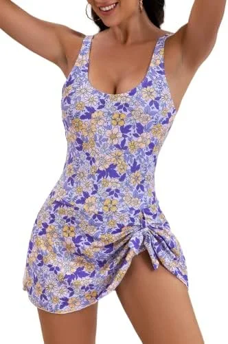 Women's Floral One Piece Swimdress Tummy Control Swimsuit 