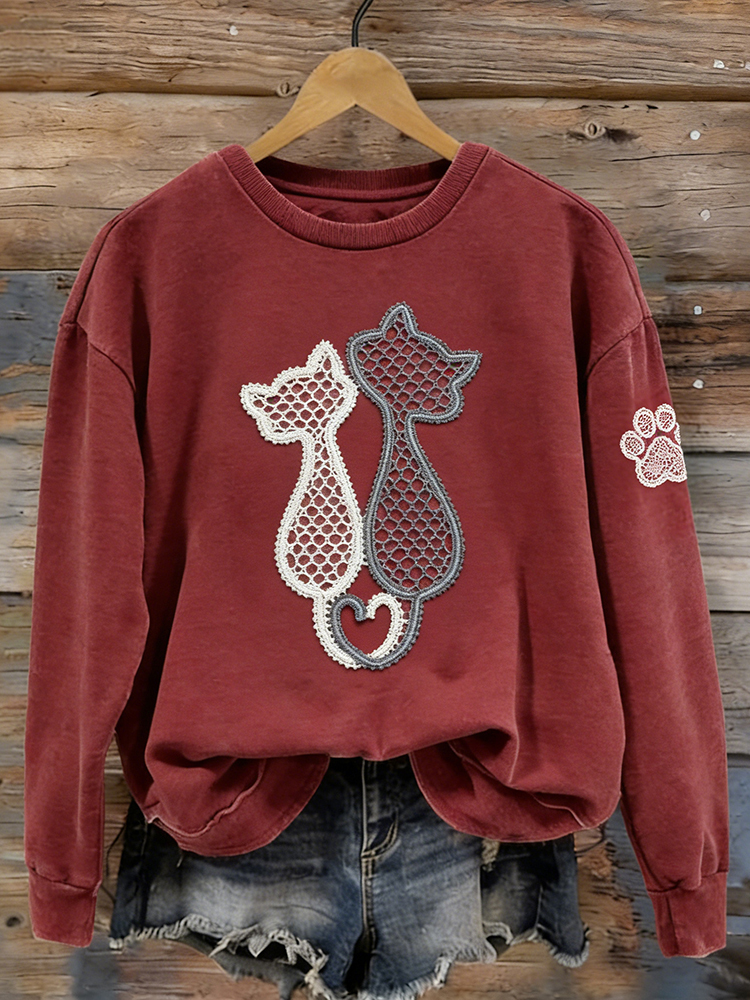 Cute Lace Cats & Paw Pattern Vintage Washed Sweatshirt wearshes
