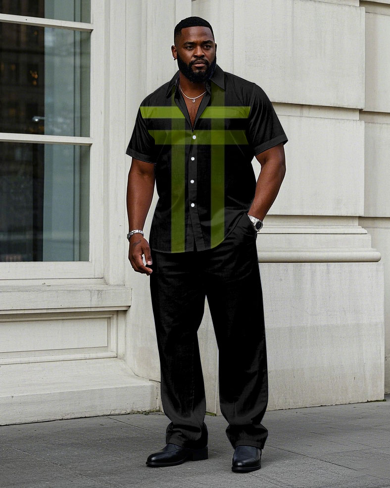Men's Plus Size Simple Black & Green Large Plaid Print Short Sleeve Shirt Trousers Suit