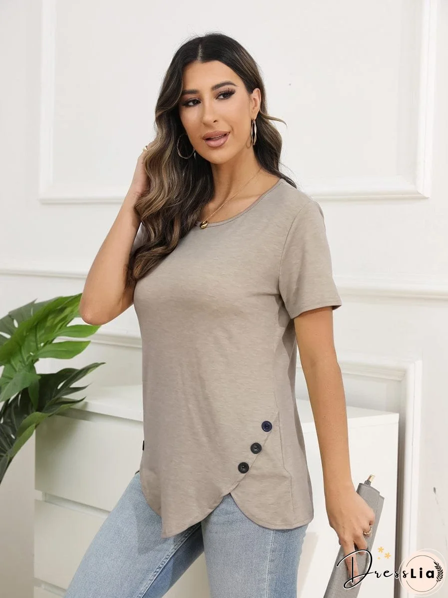 Irregular Button Short Sleeve Round Neck T-Shirt