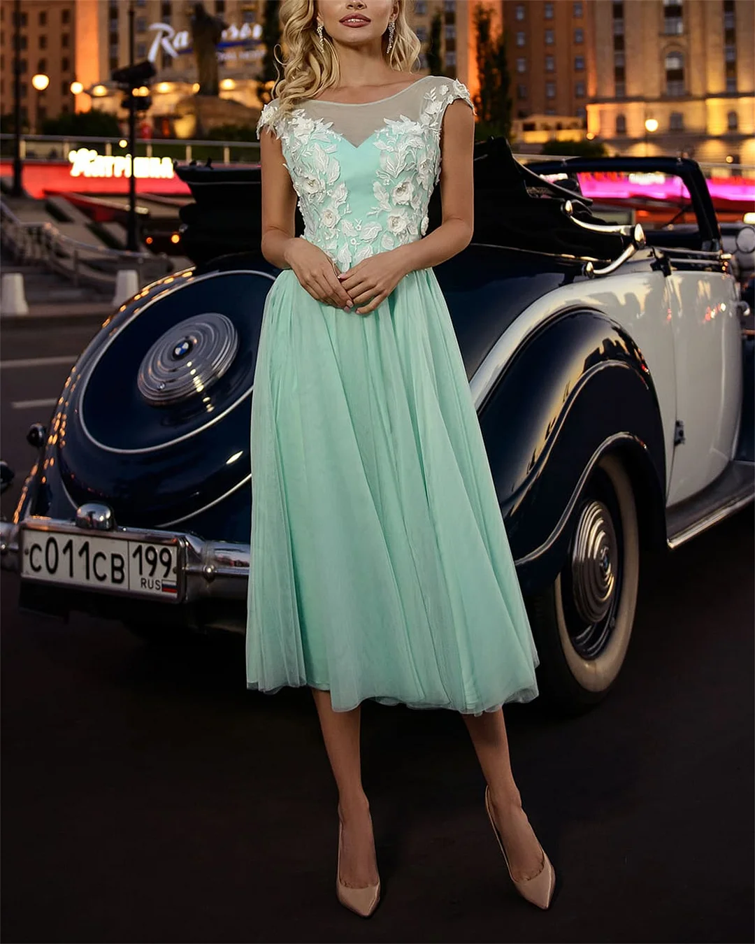 Women's Round Neck Embroidered Mesh Dress