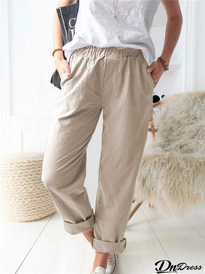 Casual Fit Elastic Waistband Solid Color Straight Leg Pocket Pants