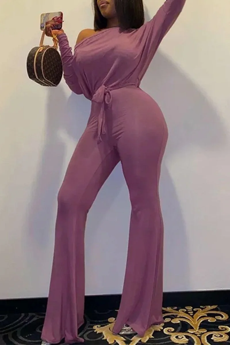 Fashion Casual Solid Basic Oblique Collar Regular Jumpsuits