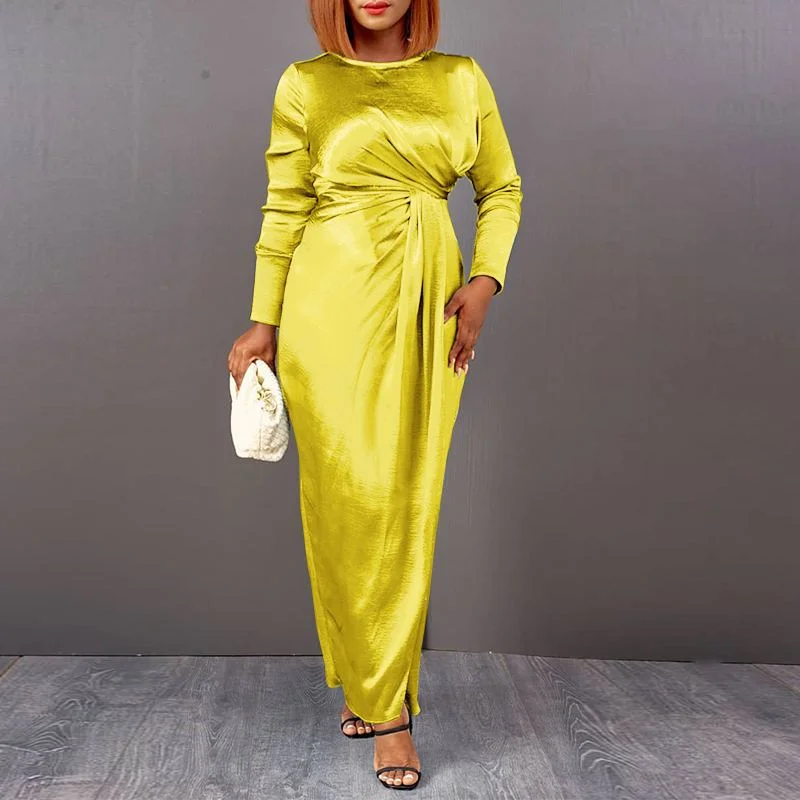 Spring Autumn Long Sleeve Sundress VONDA Women Sexy High Slit Robes Satin Silk Vestidos Femme Holiday Pleated Long Sundress 2022