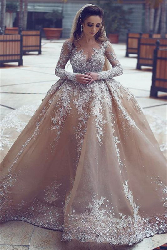 Bellasprom Long Sleeves Ball Gown Beads Wedding Dress With Appliques Bellasprom