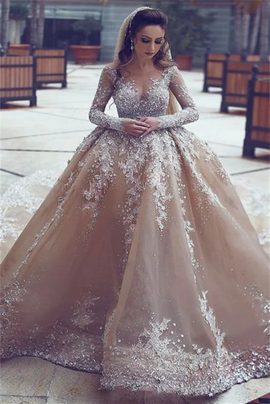 Long Sleeves Ball Gown Beads Wedding Dress With Appliques PD0955