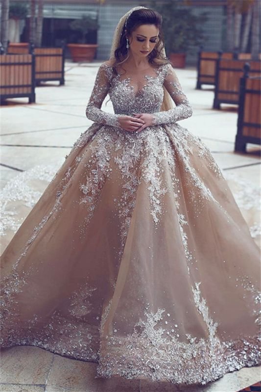 Luluslly Long Sleeves Ball Gown Beads Wedding Dress With Appliques