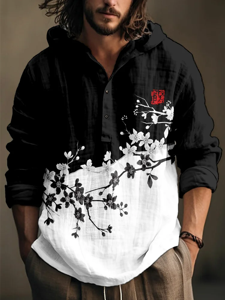 Comstylish Cherry Blossom Japanese Art Contrast Hooded Shirt