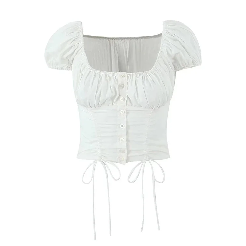 Tlbang 2024 Women Vintage Puff Sleeve Square Collar White Shirt Drawstring Tie Bow Center Buttons Ladies Sexy Corset Crop Top