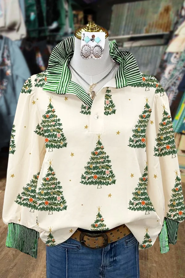 Christmas Tree Print Striped Top