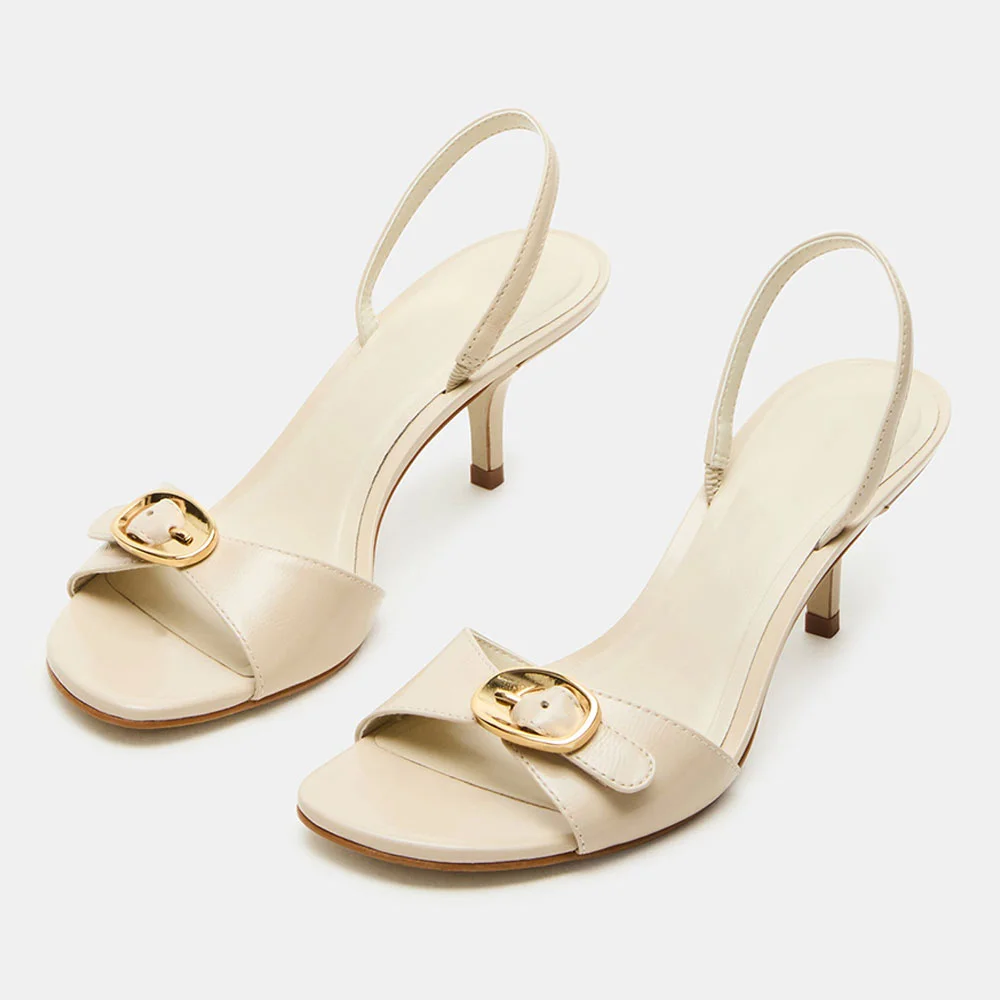 Ivory Vegan Leather Open Toe Buckle Slingback Women's Heel Sandals