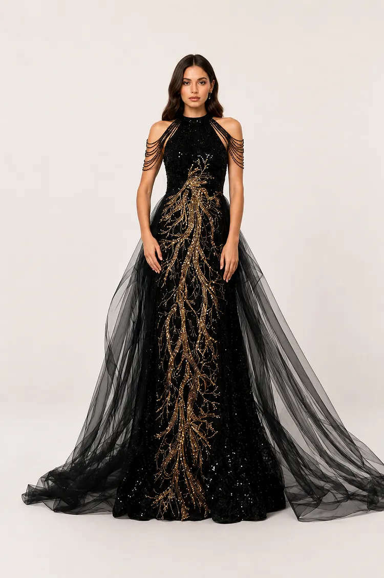 Luxury Black & Gold Sequin Evening Gown &ndash; Embroidered Cold Shoulder Formal Dress with Flowing Tulle Cape