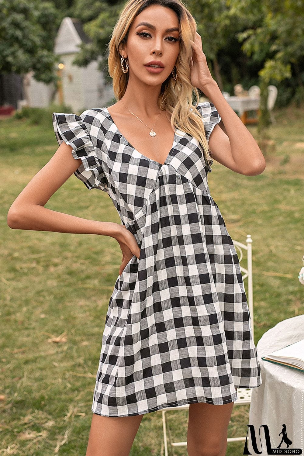 MidiSono - Plaid Butterfly Sleeve Deep V Dress
