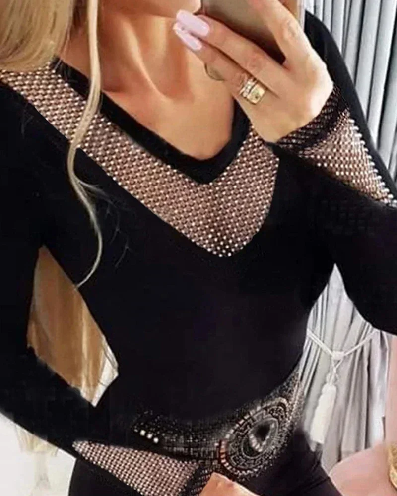 Huiketi Women Rhinestone Decor Hollow Out Top V Neck Long Sleeve Sexy Skinny Long Sleeve Black See Through Blouse Pullover T-Shirts 2023