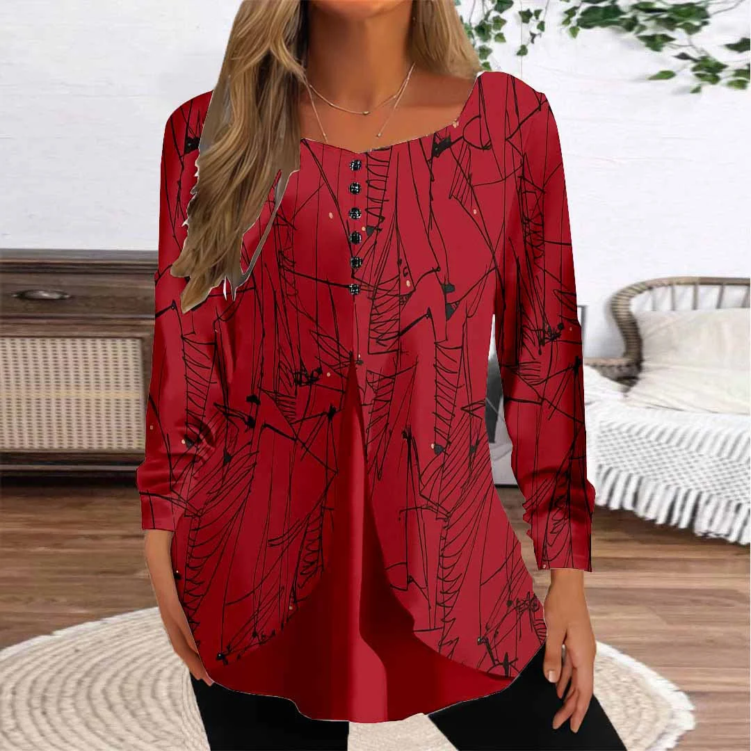 Women Striped,Red DZGG8285 Long Sleeve Scoop Neck Printed Graphic Button Fake 2in1 Tops