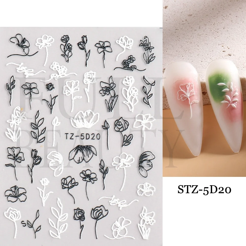 Churchf Nail Stickers Flowers Geometric Lines Decor Acrylic Embossed Sliders Gold Frame Nail Decals Cherry Blossom Manicure GLJI-5D05-Nail Inspo