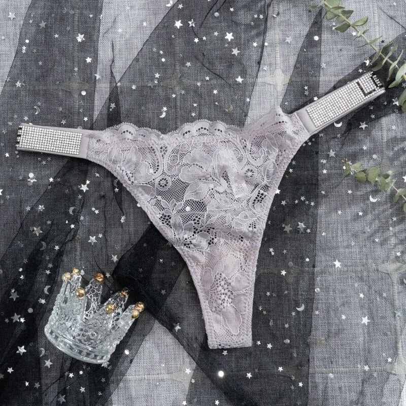 Letter Rhinestone Sexy Underwear Hip Lifting Panties Thong Low Waist Temptation Tanga Female Transparent Lace G-String Lingerie