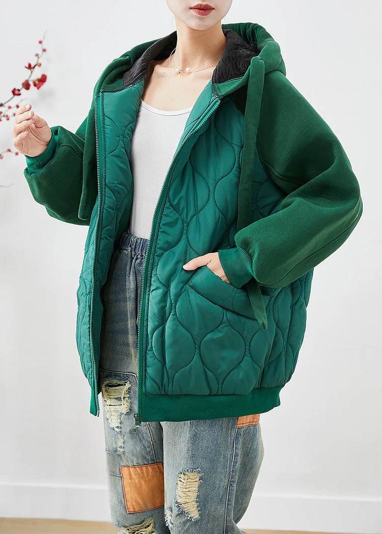 Handmade Green Hooded Patchwork Fine Cotton Filled Puffer Jacket Winter