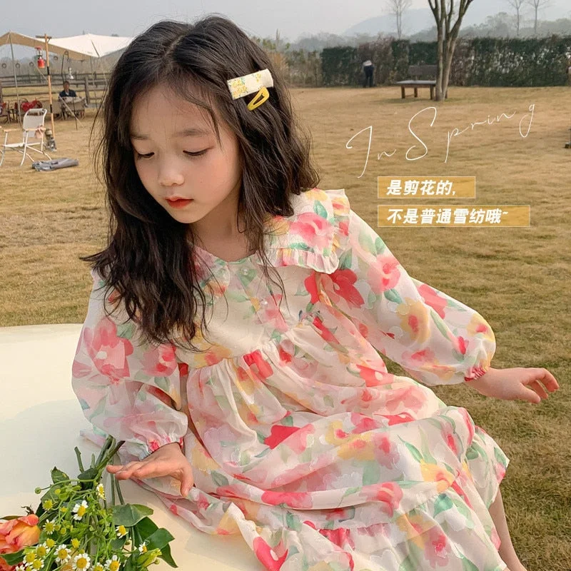 2022 New Arrival Girls Fashion Chiffon Dress Elegant Floral Flower Spring Summer Princess Dress Dresses For Women 2021