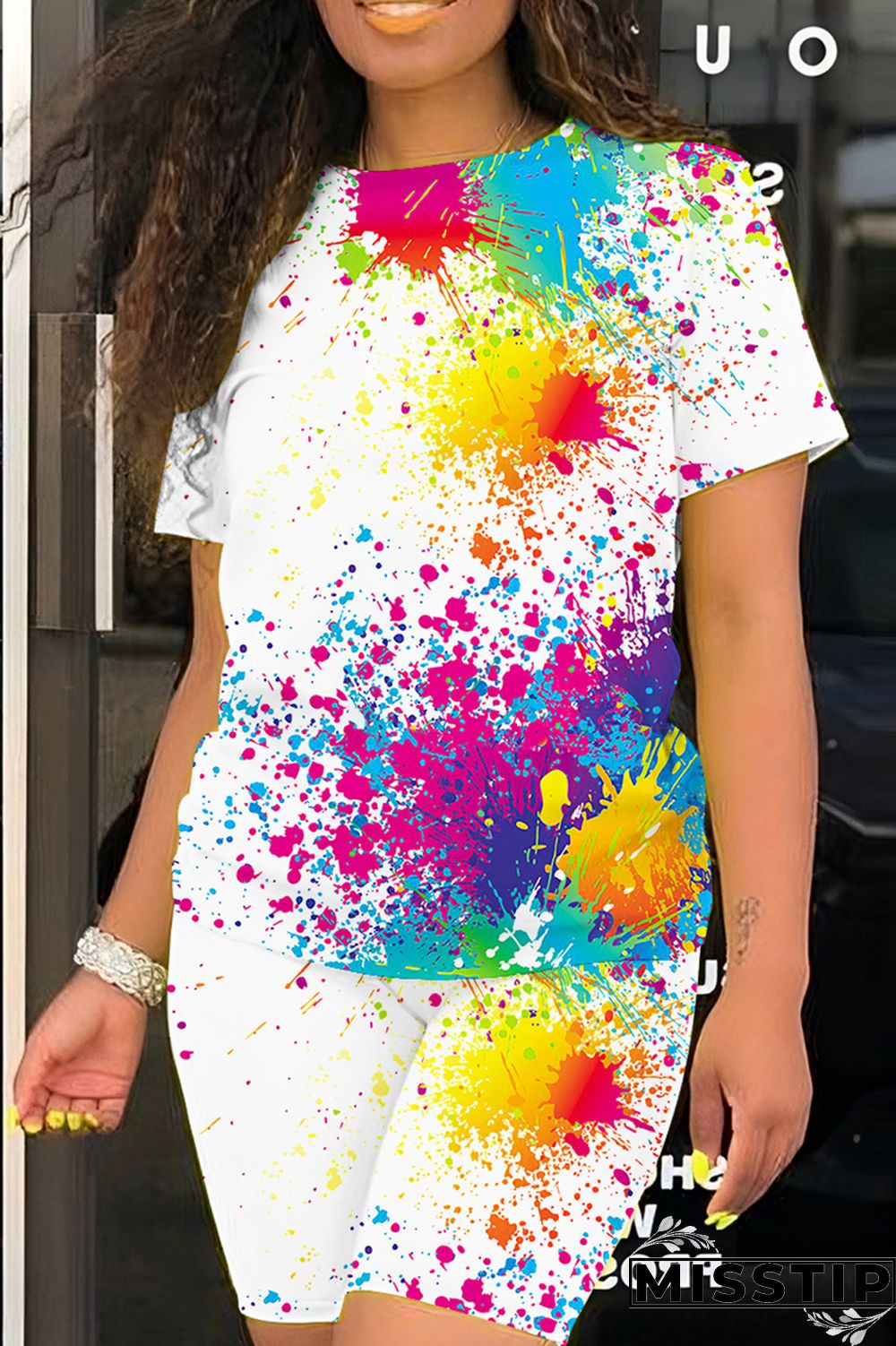 Multicolor Casual Print Basic O Neck Short Sleeve Two Pieces