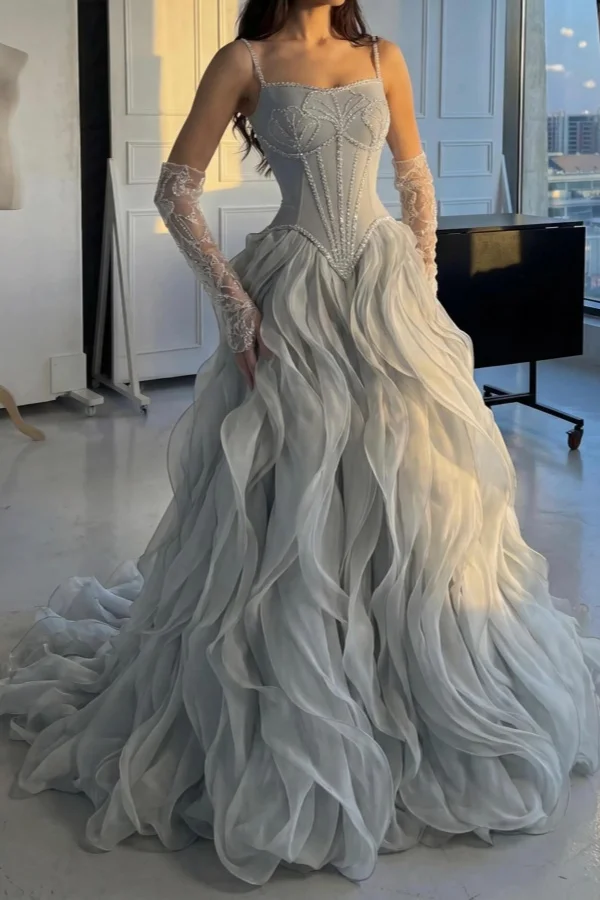 Lussooy Silver Straps Formal Evening Dress Stunning Sleeveless Beading with Ruffles