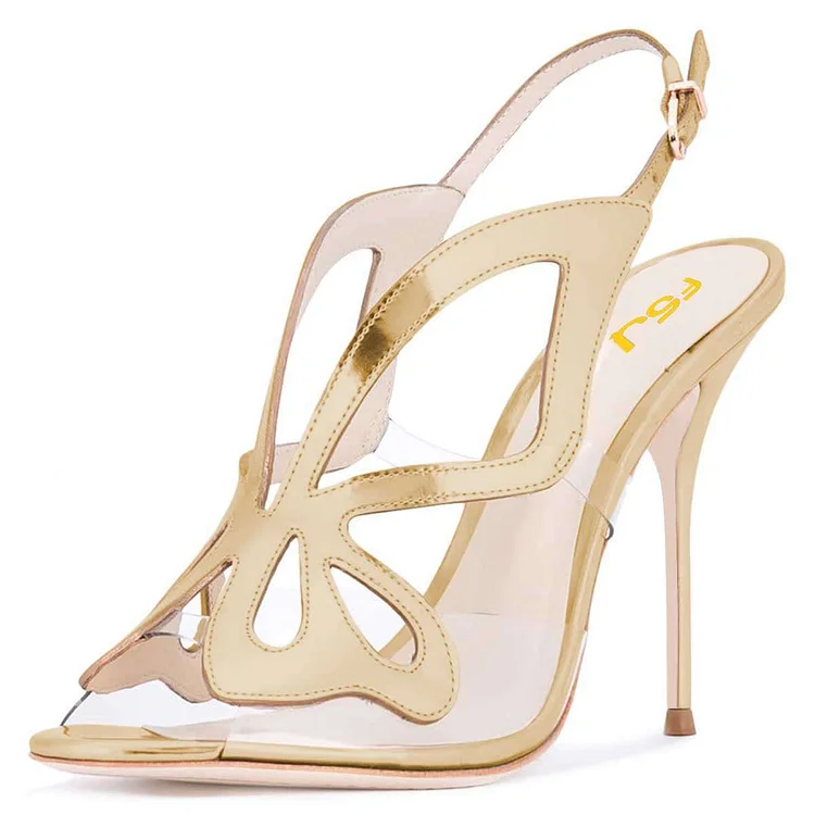 Gold Hollow Out transparent PVC Slingback Heels Sandals |FSJ Shoes