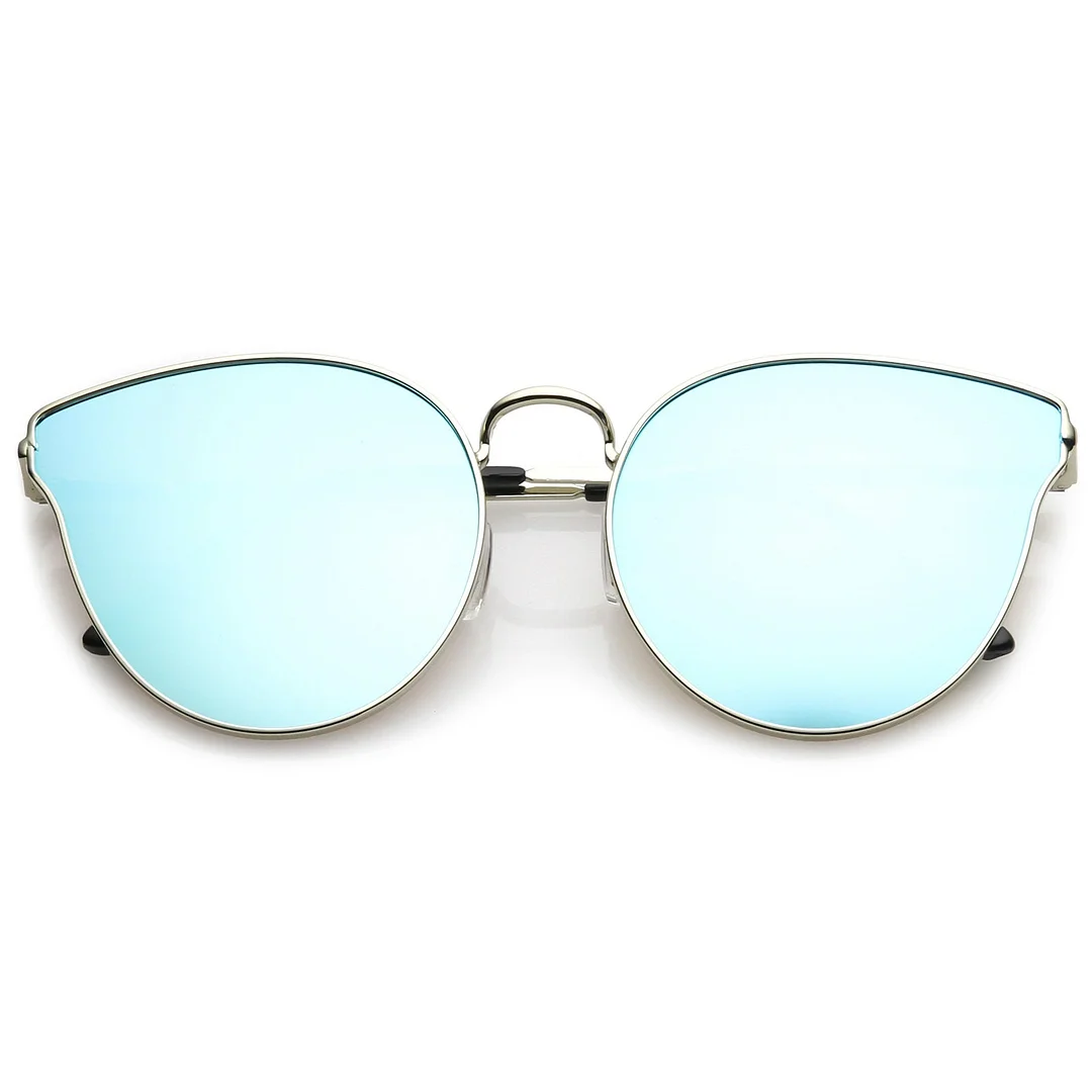Premium Metal Cat Eye Sunglasse With Slim Arms And Round Colored Mirror Flat Lens 54mm