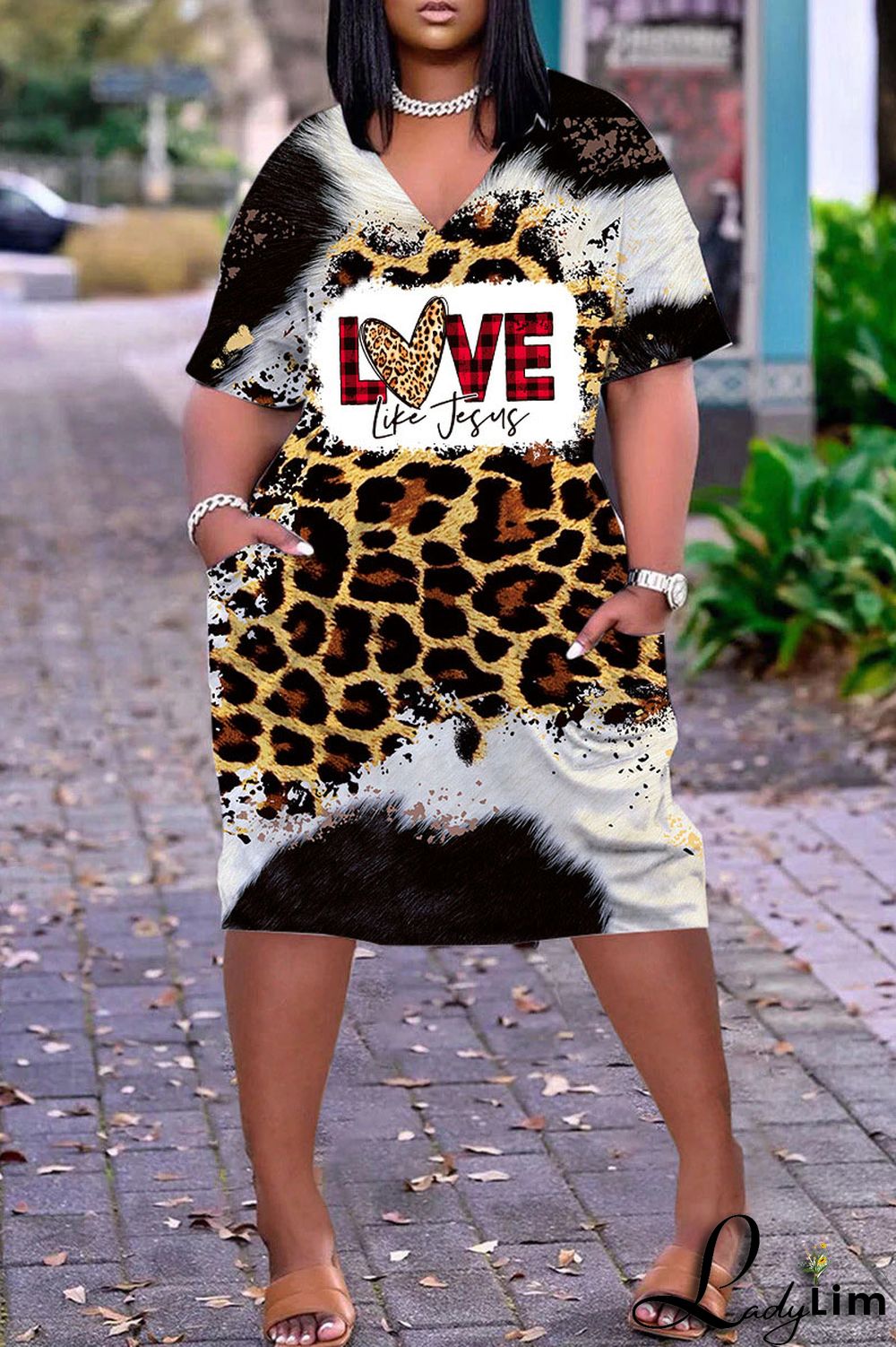 Light Brown Casual Work Print Patchwork V Neck Straight Dresses