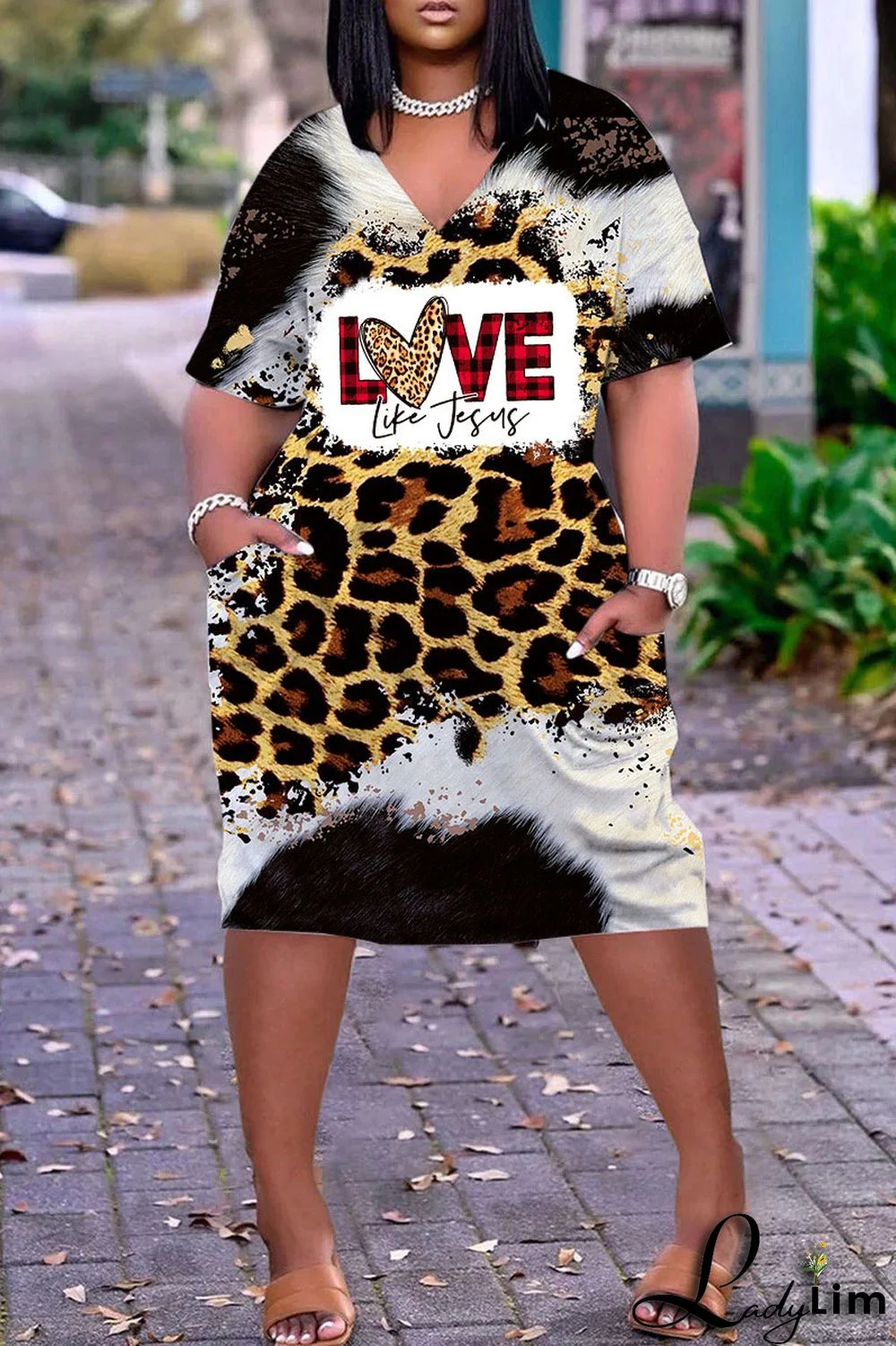 Light Brown Casual Work Print Patchwork V Neck Straight Dresses