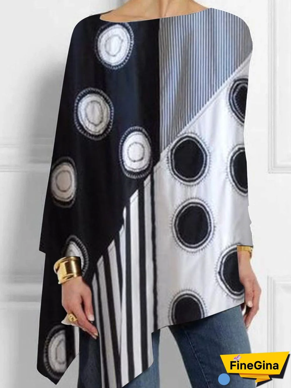 Long Sleeve Plus Size Tops Striped Polka Dot Scoop Neck Blouse