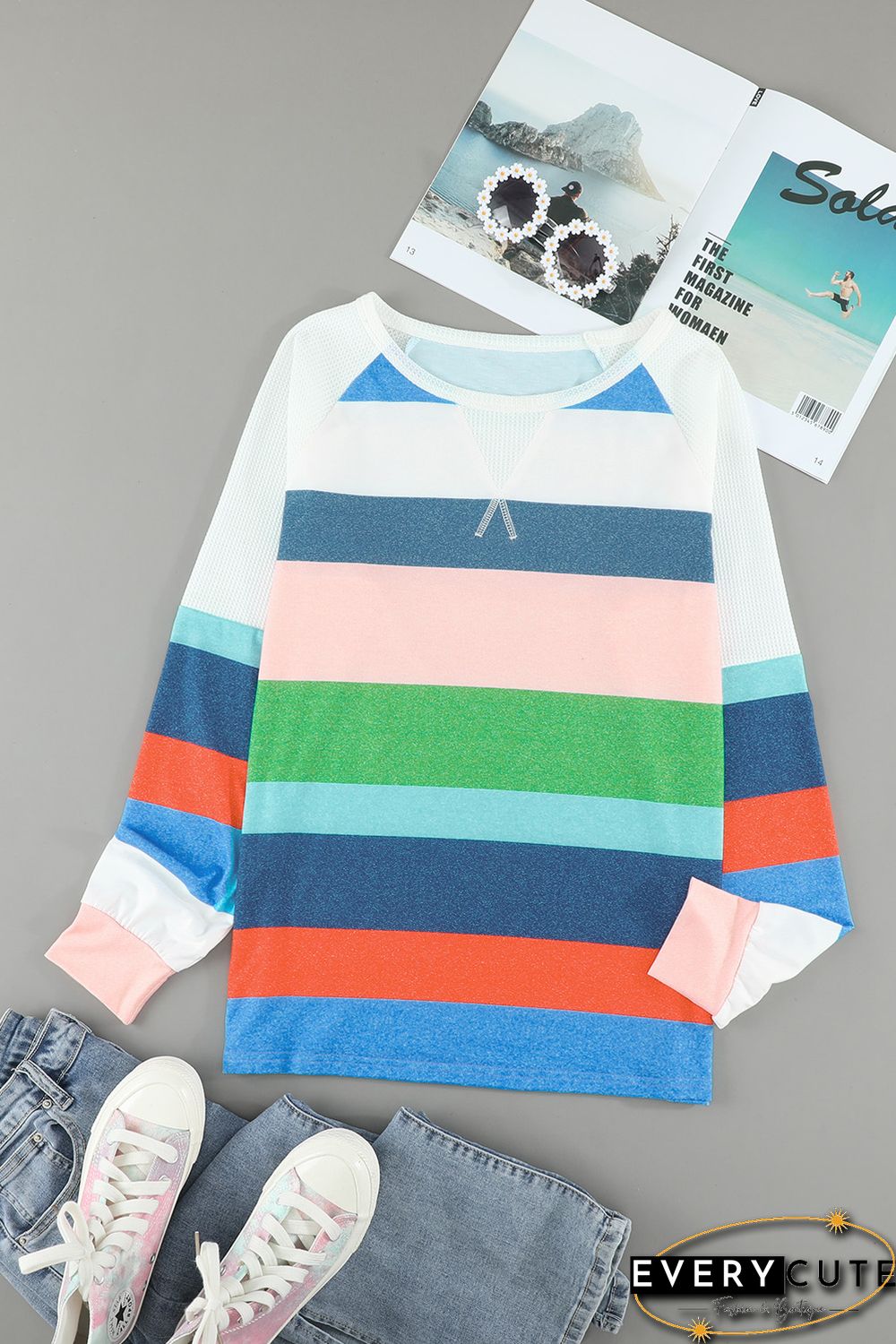 Striped Color Block Long Sleeve Blouse