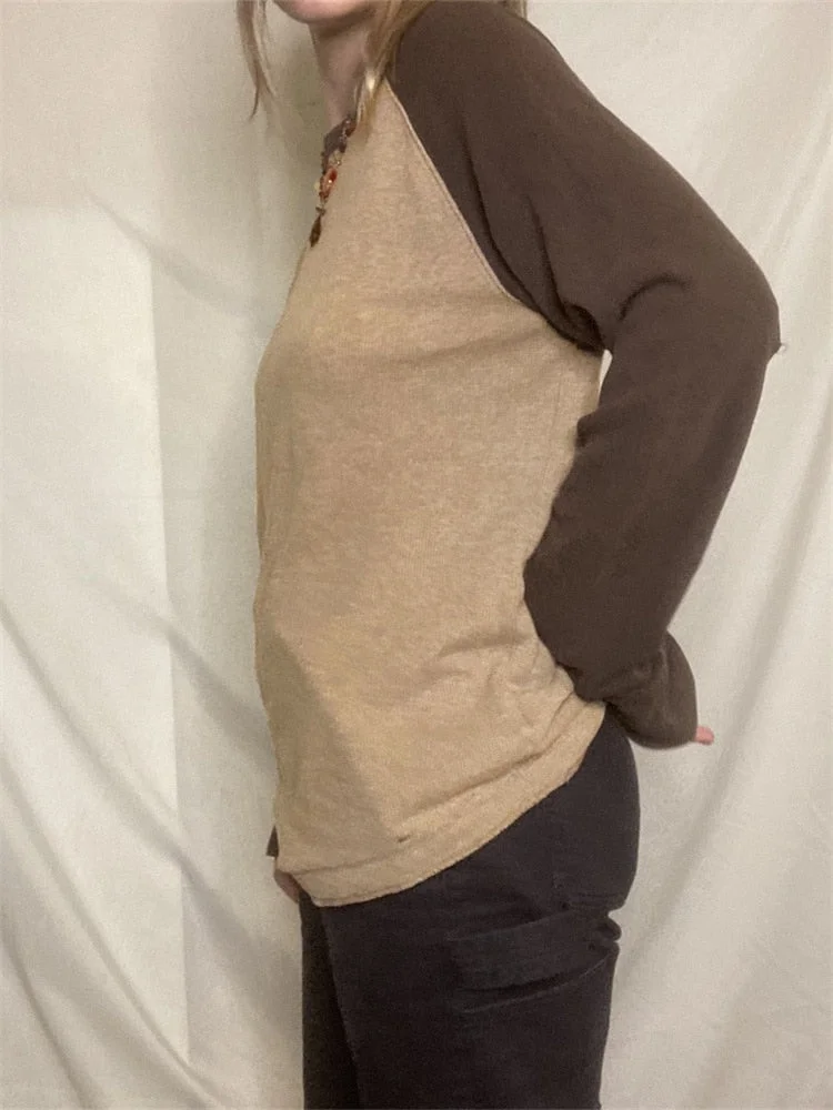 Rapcopter y2k Patchwork T Shirt Knitted Harajuku Vintage Pullovers Casual Basic Kawaii Tee Autumn Winter Grunge Fairycore Women