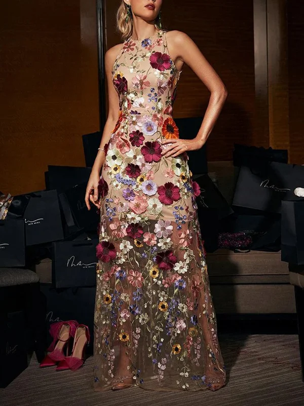 flower Embroidered Mesh round neck sleeveless Maxi Dresses